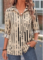 Light Camel Geometric Print Tummy Coverage 3/4 Sleeve Shirt