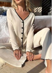 Beige Long Sleeve V Neck Lounge Top and Pants 4