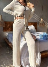Beige Long Sleeve V Neck Lounge Top and Pants 3