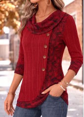Red Leaf Print Patchwork Long Sleeve T Shirt | thumb picture 