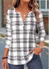 White Plaid Curved Hem Long Sleeve T Shirt