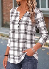 White Plaid Curved Hem Long Sleeve T Shirt | thumb picture 