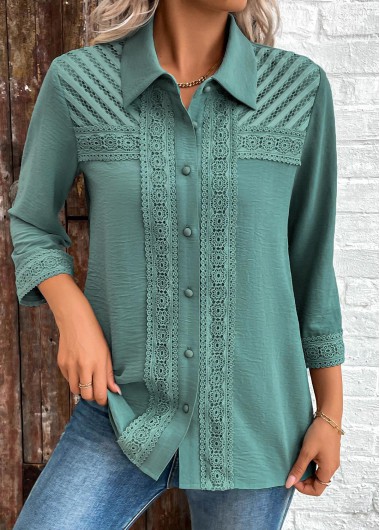 women clothes image of Turquoise Button Patchwork 3/4 Sleeve Shirt