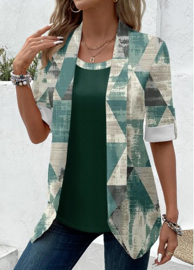 women clothes image of Sage Green Geometric Print Fake Two Piece Twinset