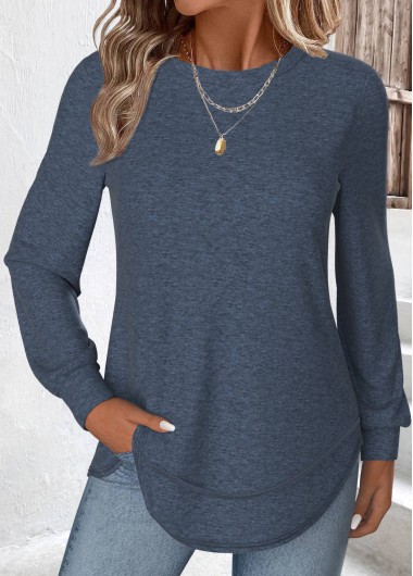 women clothes image of Peacock Blue Curved Hem Long Sleeve T Shirt
