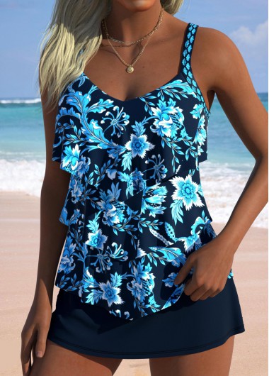 women clothes image of Navy Mid Waisted Random Floral Print Tankini Set
