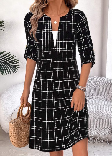 women clothes image of Black Geometric Print Short Button Long Sleeve Dress
