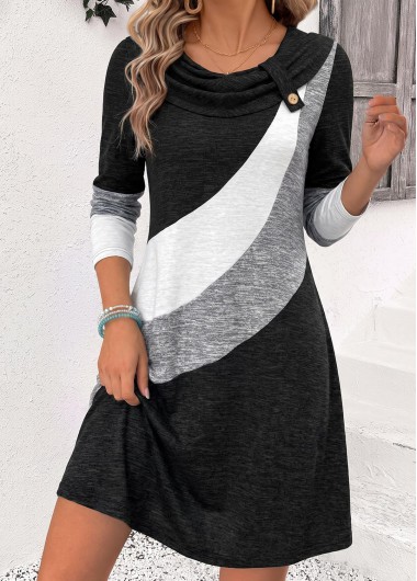 women clothes image of Black Geometric Print Short Tummy Coverage Long Sleeve Dress