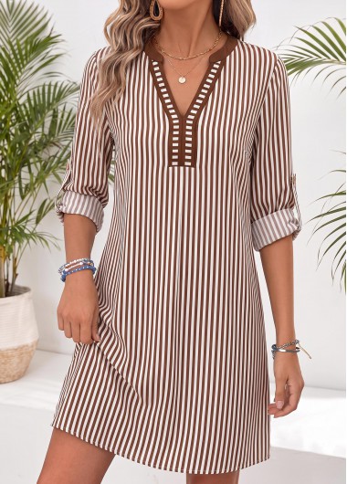 women clothes image of Dark Coffee Striped Short Tummy Coverage Long Sleeve Dress