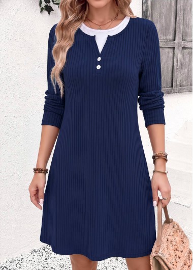 women clothes image of Navy Short Fake 2in1 Long Sleeve Round Neck Dress