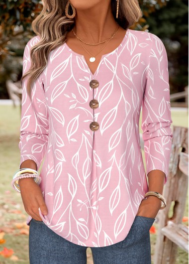 women clothes image of Pink Leaf Print Pleated Long Sleeve Split Neck Blouse