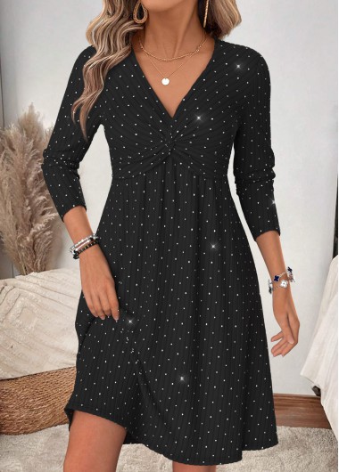 women clothes image of Black Short Twist Long Sleeve V Neck Dress