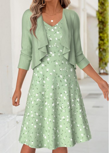 women clothes image of Light Green Ditsy Floral Print Two-piece Long Sleeve Dress