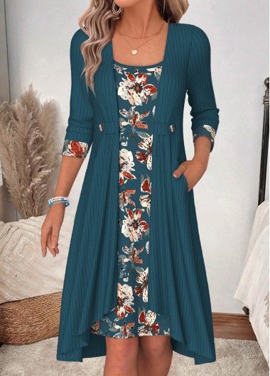 women clothes image of Blackish Green Floral Print Short Fake 2in1 Dress