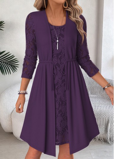 women clothes image of Purple Two-piece Long Sleeve Round Neck Dress and Cardigan