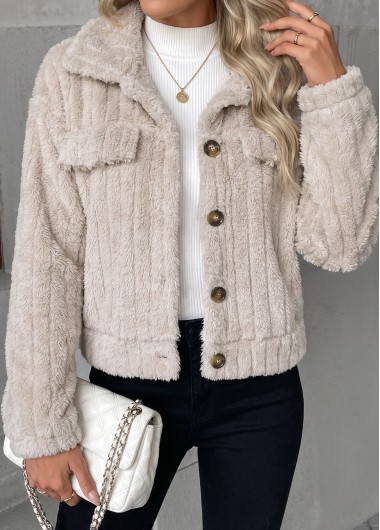 women clothes image of Beige Button Long Sleeve Turn Down Collar Coat
