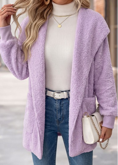 women clothes image of Purple Patch Pocket Long Sleeve Hooded Coat