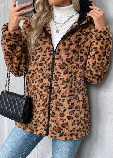 women clothes image of Dark Coffee Double Side Pockets Leopard Long Sleeve Coat