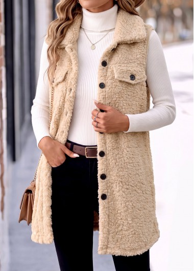 women clothes image of Beige Tummy Coverage Sleeveless Turn Down Collar Coat