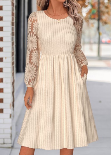 women clothes image of Beige Shirred Long Sleeve Round Neck Dress