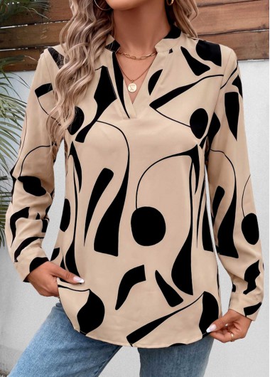 women clothes image of Light Camel Geometric Print Tummy Coverage Long Sleeve Blouse