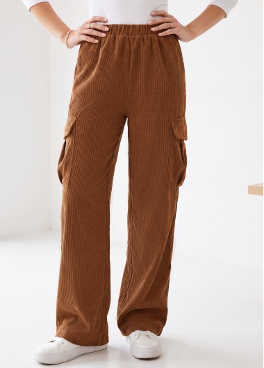 women clothes image of Dark Coffee Straight Leg Elastic Waist High Waisted Pants