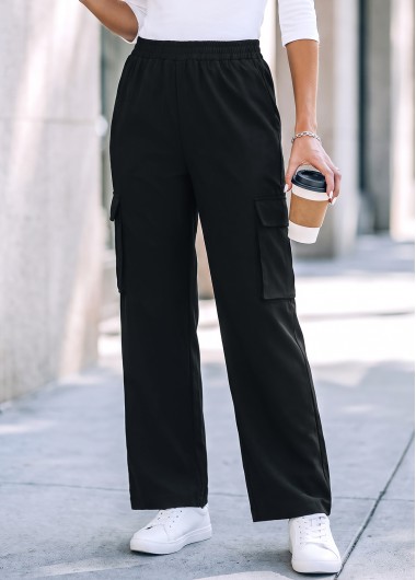 women clothes image of Black Straight Leg Elastic Waist High Waisted Pants