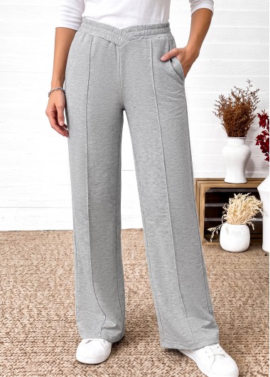 women clothes image of Grey Straight Leg Elastic Waist High Waisted Pants