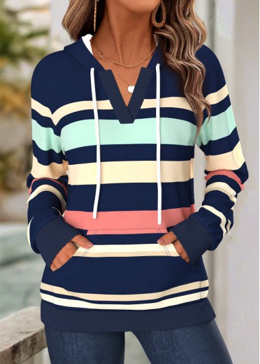 women clothes image of Navy Striped Kangaroo Pocket Long Sleeve Split Neck Hoodie