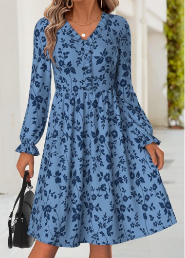 women clothes image of Blue Floral Print Tummy Coverage Long Sleeve Dress