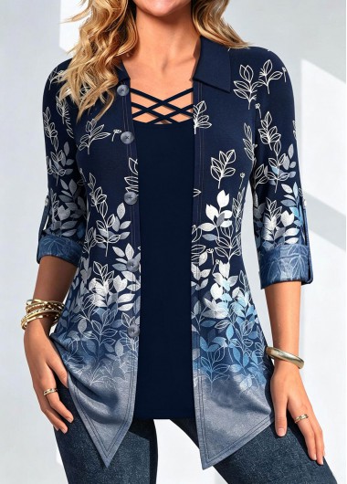 women clothes image of Denim Blue Leaf Print Fake Two Piece Twinset