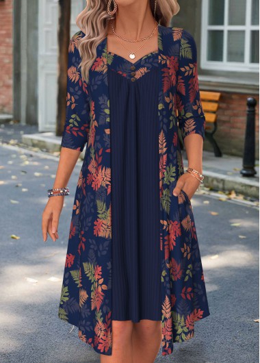 women clothes image of Navy Leaf Print Fake 2in1 Long Sleeve Dress