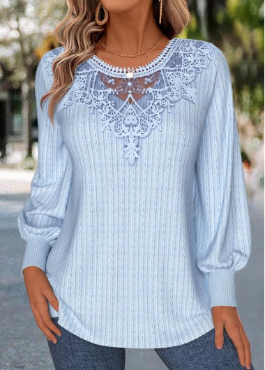 women clothes image of Blue Patchwork Long Sleeve Round Neck T Shirt