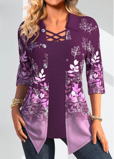 women clothes image of Purple Leaf Print Fake Two Piece Twinset