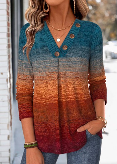 women clothes image of Blue Ombre Button Long Sleeve V Neck T Shirt