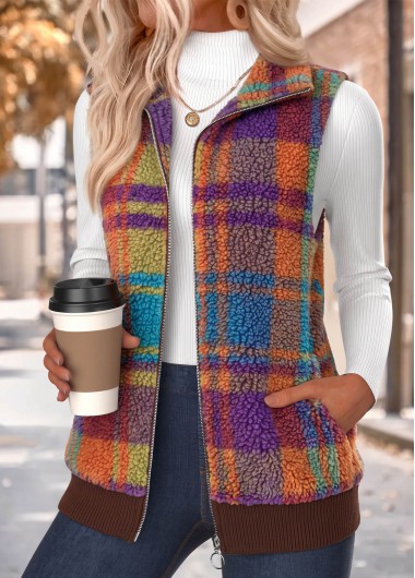 women clothes image of Multi Color Patch Pocket Plaid Sleeveless Stand Collar Waistcoat