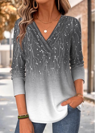 women clothes image of Grey Ombre Long Sleeve V Neck T Shirt