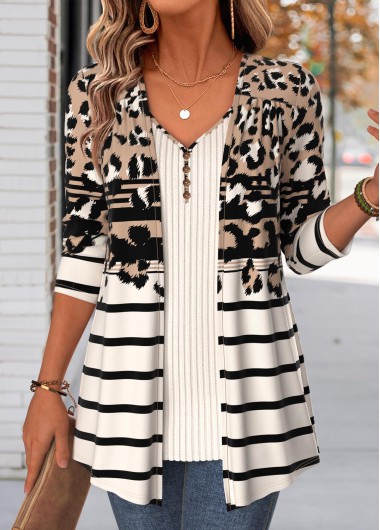 women clothes image of Beige Leopard Long Sleeve Fake Two Piece Twinset