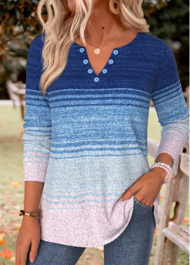 women clothes image of Blue Ombre Eyelet Long Sleeve Split Neck T Shirt