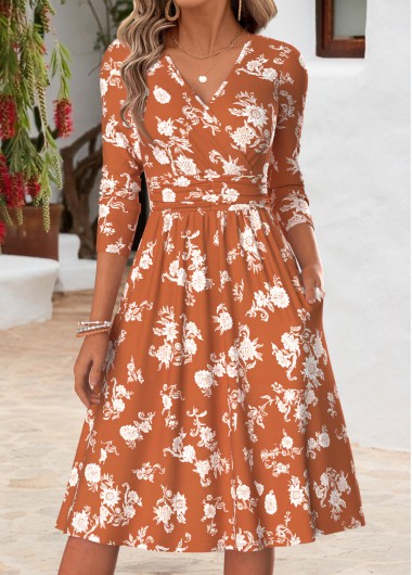 women clothes image of Terracotta Tribal Print Shirred Long Sleeve V Neck Dress