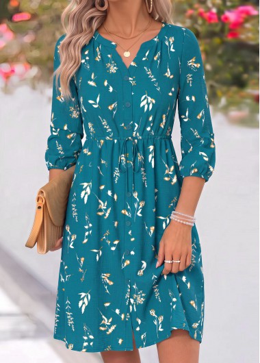 women clothes image of Peacock Blue Floral Print Tummy Coverage Long Sleeve Dress