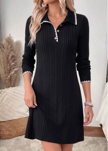 women clothes image of Black Short Tummy Coverage Long Sleeve Shirt Collar Dress