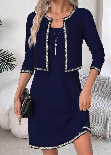 women clothes image of Navy Short Two-piece Long Sleeve Dress and Cardigan