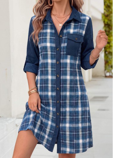 women clothes image of Peacock Blue Plaid Short Patchwork Long Sleeve Dress