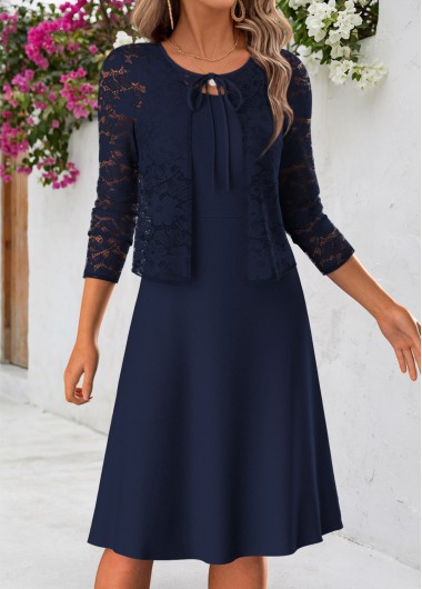 women clothes image of Navy Tummy Coverage Long Sleeve Dress and Cardigan