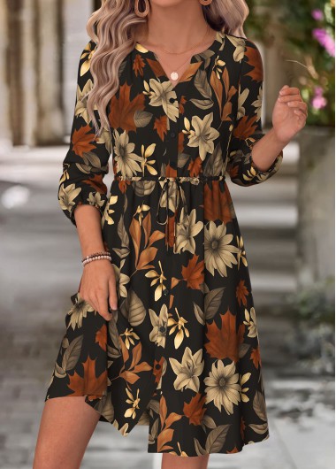 women clothes image of Black Leaf Print Shirred Long Sleeve Split Neck Dress