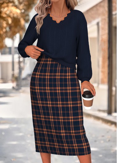women clothes image of Navy Plaid Two-piece Long Sleeve Dress and Cardigan