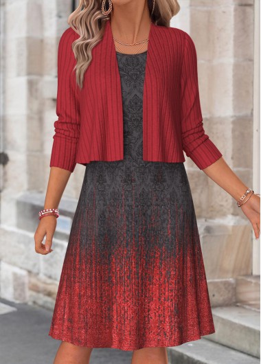 women clothes image of Wine Red Ombre Two-piece Long Sleeve Dress and Cardigan