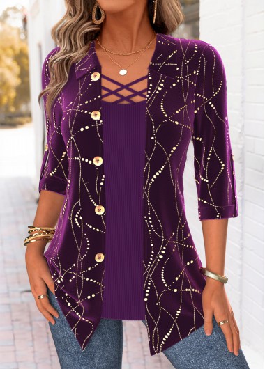 women clothes image of Purple Geometric Print Long Sleeve Fake Two Piece Twinset