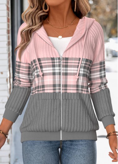 women clothes image of Pink Patchwork Plaid Long Sleeve Hooded Coat